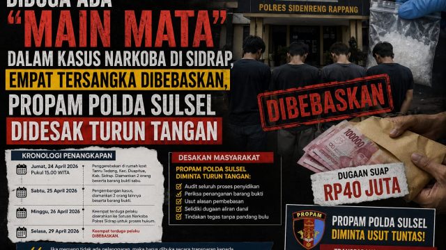 Diduga Ada “Main Mata” dalam Kasus Narkoba di Sidrap, Empat Tersangka Dibebaskan, Propam Polda Sulsel Didesak Turun Tangan